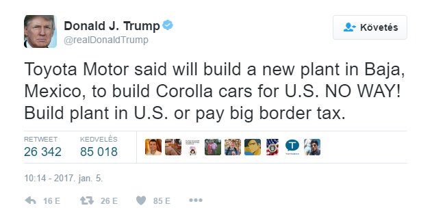 Donald Trump Twitter-üzenete a Toyotának