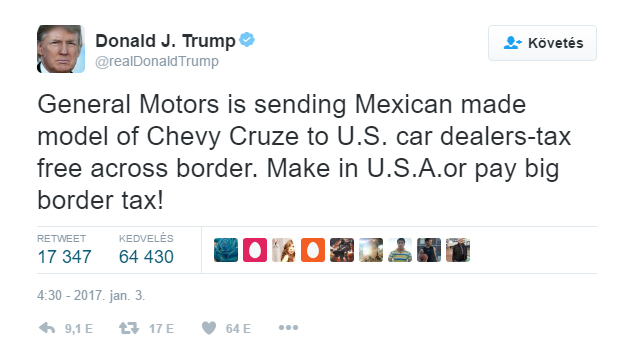 Donald Trump Twitter-üzenetben vádolta a General Motors-t
