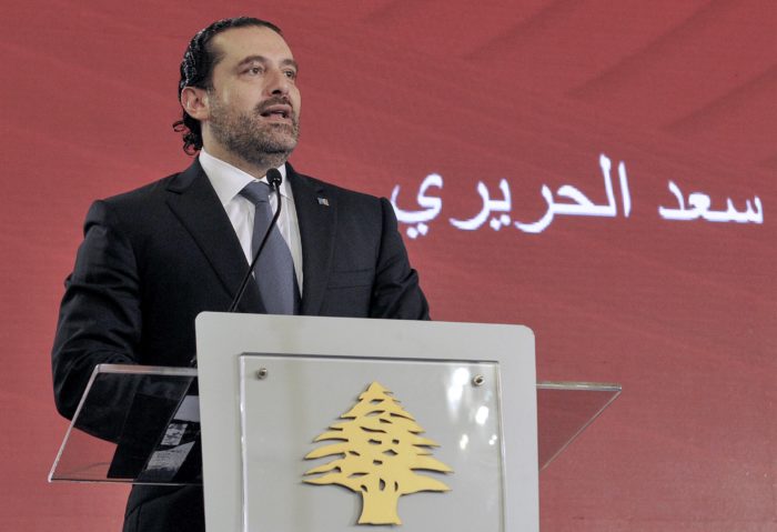 A libanoni miniszterelnök Szaad Haríri egy konferencián beszél 2017. november 3-án, Bejrútban. Hariri másnap bejelentette lemondását arra hivatkozva, hogy olyan a politikai környezet, mint apja meggyilkolása idején. EPA/DALATI NOHRA HANDOUT 