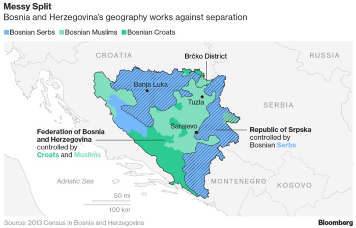 A szétszakadás nem lenne egyszerű menet, ugyanis Bosznia-Hercegovina földrajza "ez ellen dolgozik". Illusztráció: Bloomberg