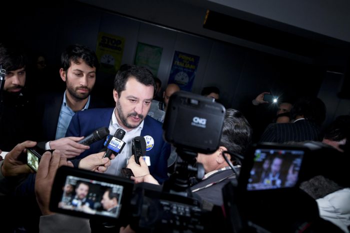 epa06551499 Federal Secretary of Italian party Lega Nord (North League / LN), Matteo Salvini, attends an electoral meeting in Calvizzano, near Naples, Italy, 21 February 2018. Italy will hold general election on 04 March.  EPA/CIRO FUSCO