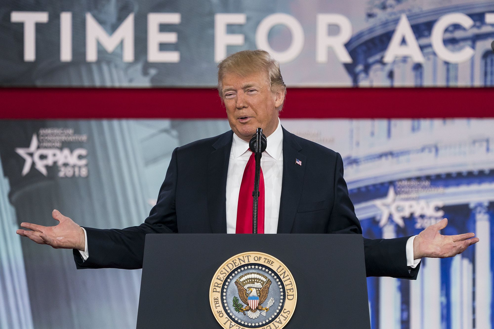 Donald J. Trump amerikai elnök felszólal a 45. CPAC konferencián 2018. február 23-án. Az elnük kihasználta a lehetőséget, hogy új szankciókat jelentsen be Észak-Korea ellen. EPA/JIM LO SCALZO