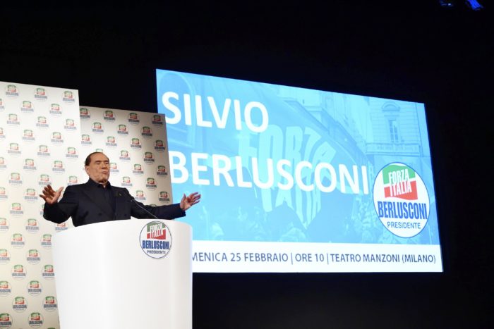 epa06564368 Former Italian premier Silvio Berlusconi delivers a speech during during a Fora Italia party electoral event in Milan, Italy, 25 February 2018. Leaders of Italian political parties are campaigning for the 04 March general election. EPA/FLAVIO LO SCALZO