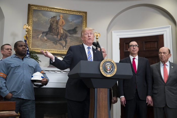 epa06590390 US President Donald J. Trump (C) delivers remarks beside workers (L), US Treasury Secretary Steven Mnuchin (2-R) and US Commerce Secretary Wilbur Ross (R), before signing a presidential proclamation on steel and aluminum tariffs, in the Roosevelt Room of the White House in Washington, DC, USA, 08 March 2018. President Trump is imposing tariffs on steel and aluminum imports. A decision to impose the tariffs on Canada or Mexico will not be decided until negotiations on the North American Free Trade Agreement (NAFTA).  EPA/MICHAEL REYNOLDS