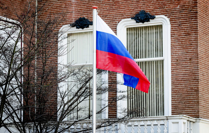 epa06630692 An exterior view of the Russian Embassy in the Hague, the Netherlands, 26 March 2018. The Netherlands announced that two Russian diplomats will be made persona non grata in a sign of solidarity with Britain, as a reaction to the poisoning of Russian former spy Sergei Skripal and his daughter Yulia in the British city Salisbury, 04 March 2018. Further reports state that Germany and France have joined 14 EU member States to expel Russian diplomats and the USA is to expel 60 from the Russian embassy in Washington and from the UN in New York. EPA/ROBIN VAN LONKHUIJSEN