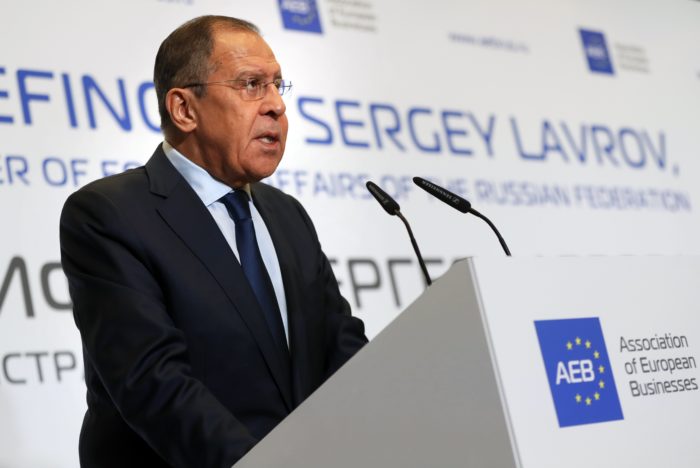 epa06299324 Russian Foreign Minister Sergei Lavrov speaks during a meeting with AEB (Association of European Business) members in Moscow, Russia, 31 October 2017. Sergei Lavrov briefed AEB members on the topic 'EU - Russia relations at the current stage'. According to media reports on 31 September Lavrov in his statemnet said allegations of Russian meddling in US and European elections are 'fantasies'. EPA/YURI KOCHETKOV