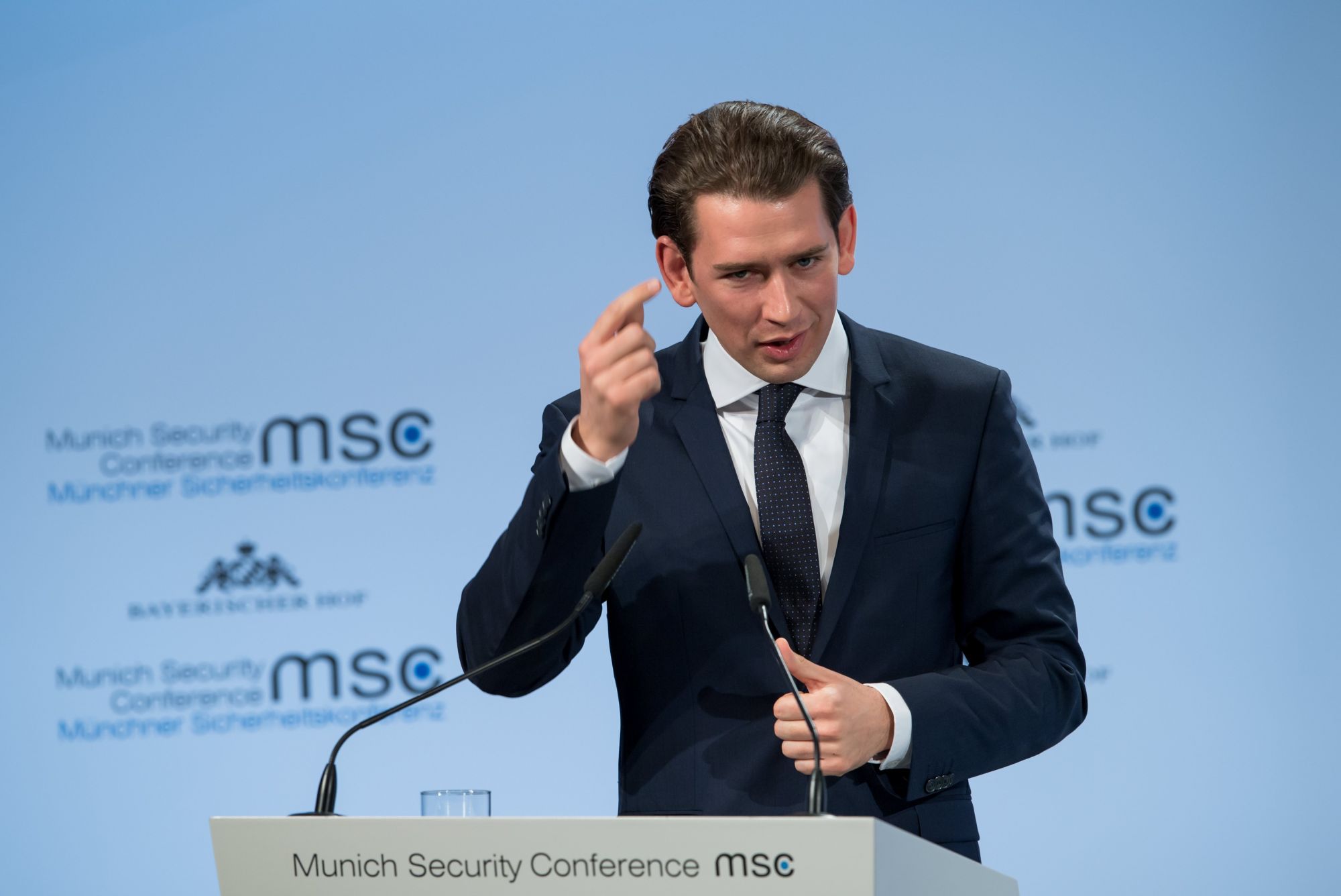 Ausztria kancellárja, Sebastian Kurz beszél az 54. müncheni biztonságpolitikai konferencián, 2018 február 17-én. EPA/KUHLMANN / MSC / MUELLER 