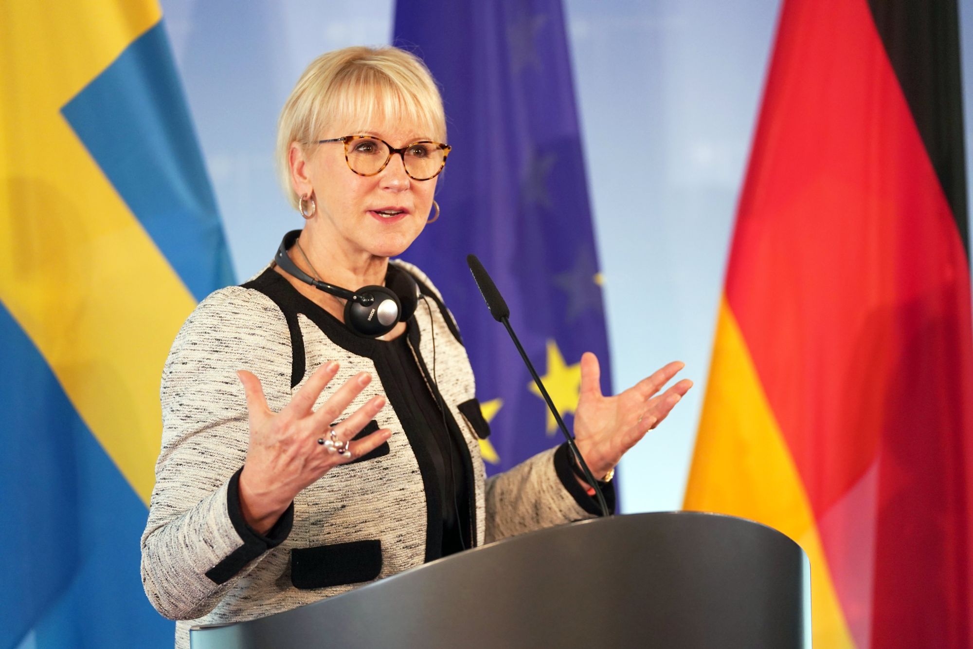 A svéd külügyminiszter Margot Wallstrom a német külügyminiszterrel tartott közös sajtótájékoztatón Berlinben, 2018. április 10-én. EPA/ALEXANDER BECHER