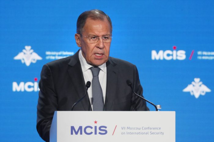 Moszkva, 2018. április 5. Szergej Lavrov orosz külügyminiszter beszédet mond a 7. alkalommal megrendezett kétnapos Moszkvai Nemzetközi Biztonsági Konferencia (MCIS) második napi tanácskozásán, 2018. április 5-én. (MTI/EPA/Szergej Csirikov)